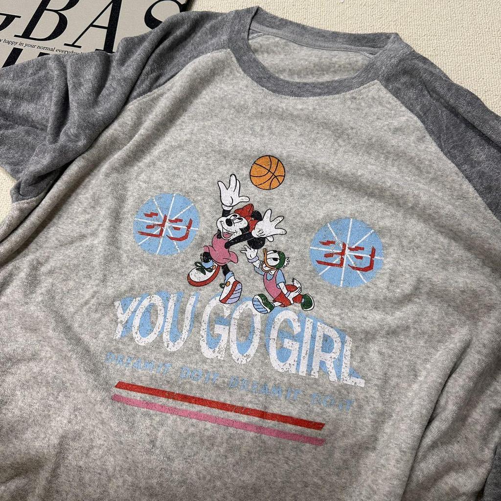 In Stock: Women's Korean Terry Loop Minnie Print Raglan Long Sleeve Casual T-shirt for Autumn 2025