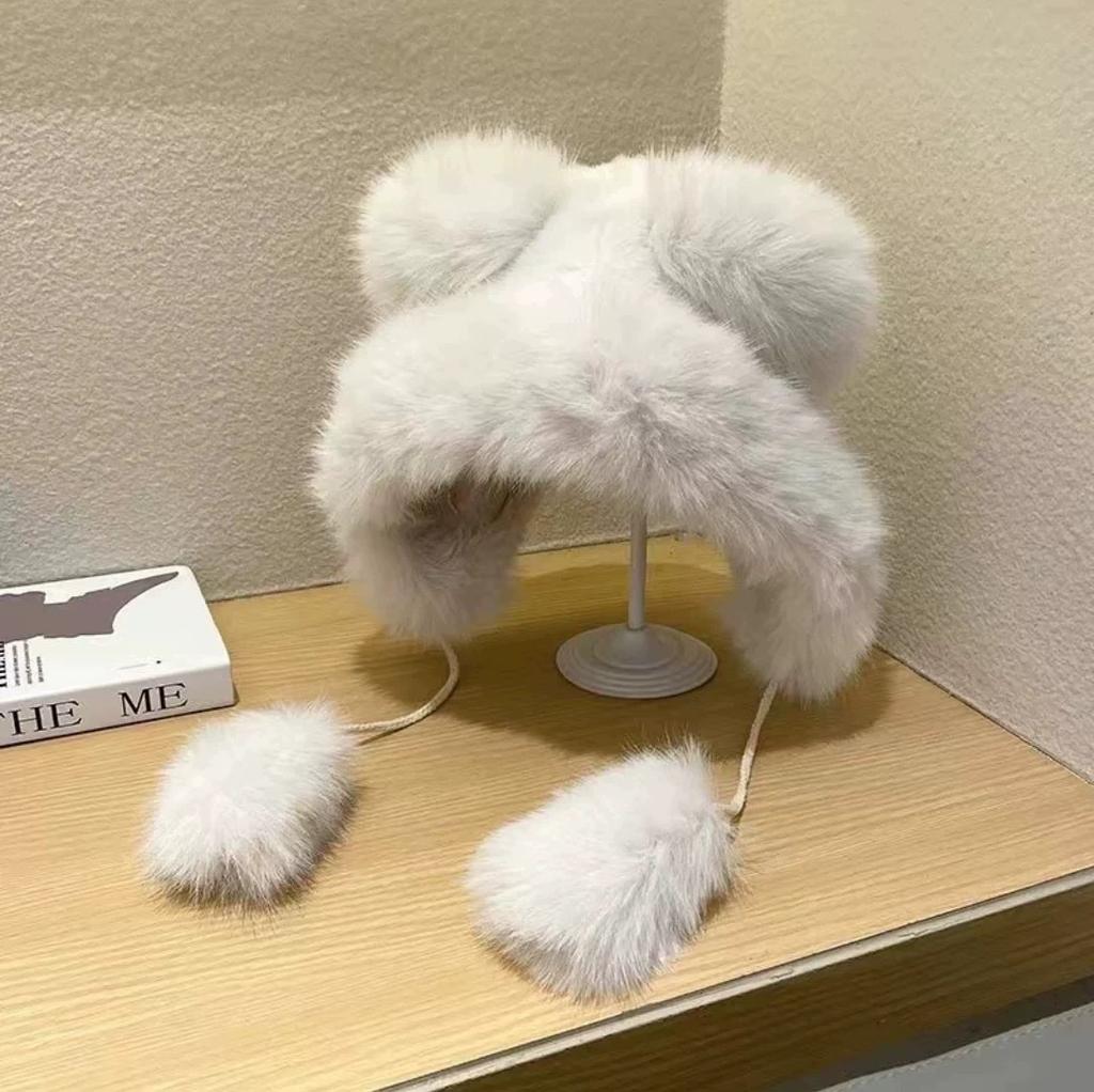 New Plush Cute Little Bear Ear Hat Fox Fur Hat Thickened Ear Protection Snow Hat Women's Plush Little Bear Hat Fashion Versatile