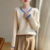 Women's Color Block V-Neck Loose Wool Pullover - Chic & Trendy Cashmere Outerwear