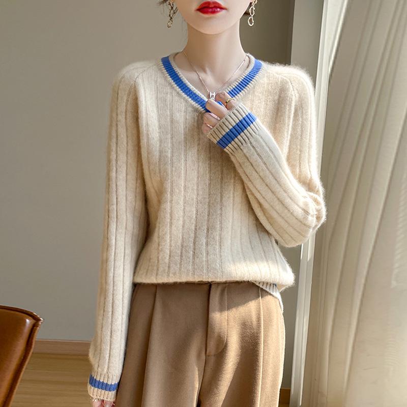 Women's Color Block V-Neck Loose Wool Pullover - Chic & Trendy Cashmere Outerwear