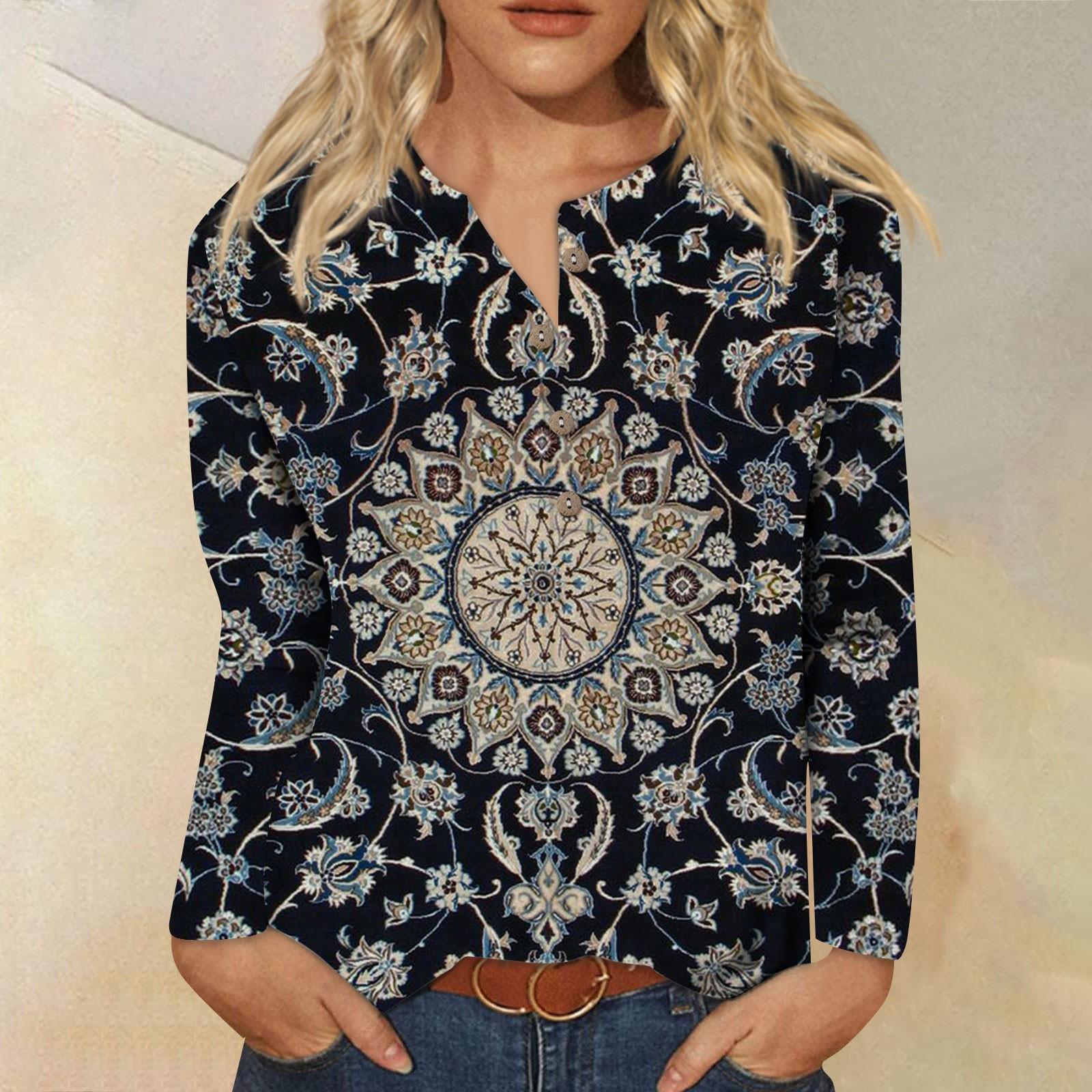 

Women s Fashion Casual Long Sleeve Print Round Neck Button Pullover Top Blouse XXXL чёрный
