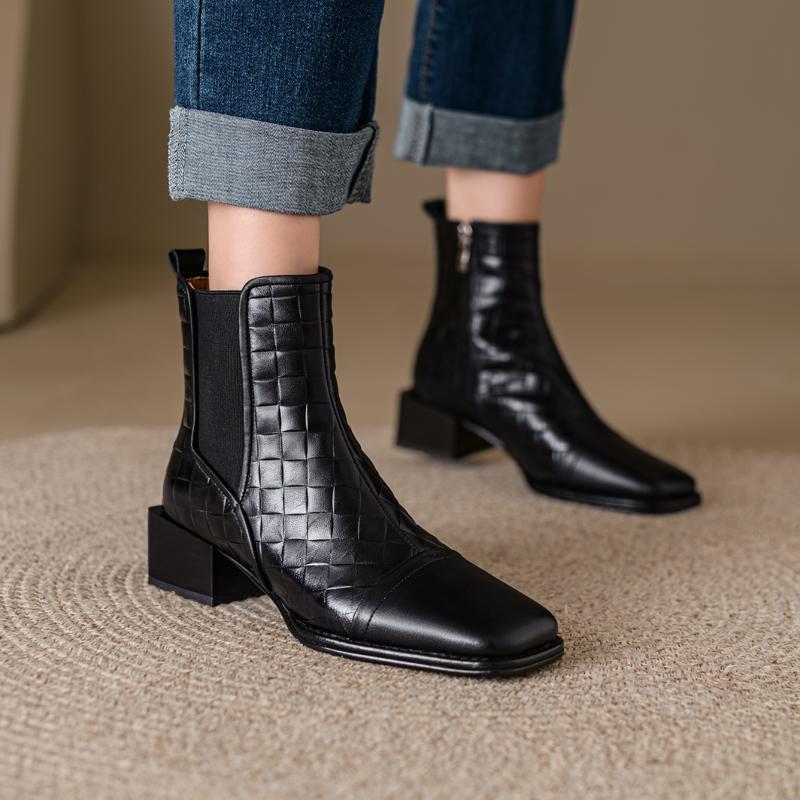 Autumn Women Boots Square Toe Back Zipper Women Shoes Chunky Heels Shoes For Women High Heel Boots Vintage Leather Shoes