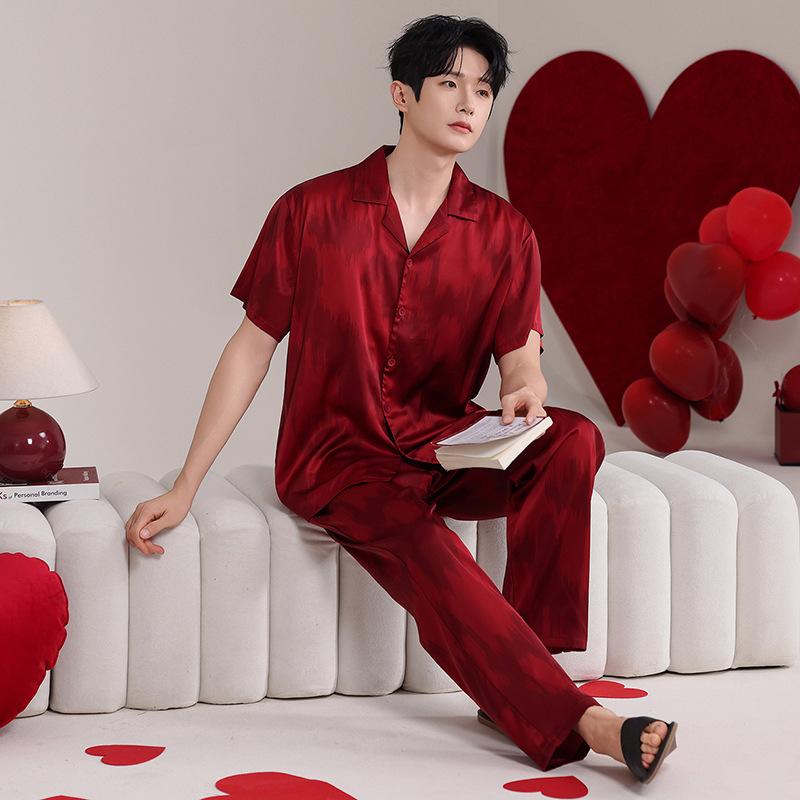 Couple Pajamas Ice Silk Summer Wedding Short Sleeves Trousers Red Loungewear Women's Wedding Engagement Men's Suit