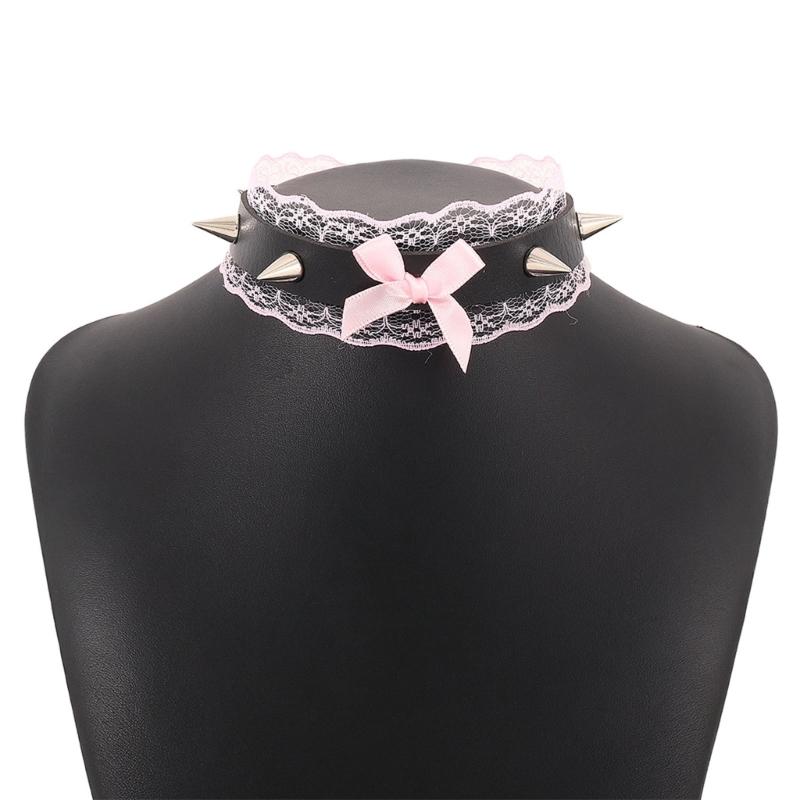 Lace Bowknot PU Pendant Short Necklace for Women Trend Cosplay Clavicle Choker Adjustable Collar Girls Party Jewelry