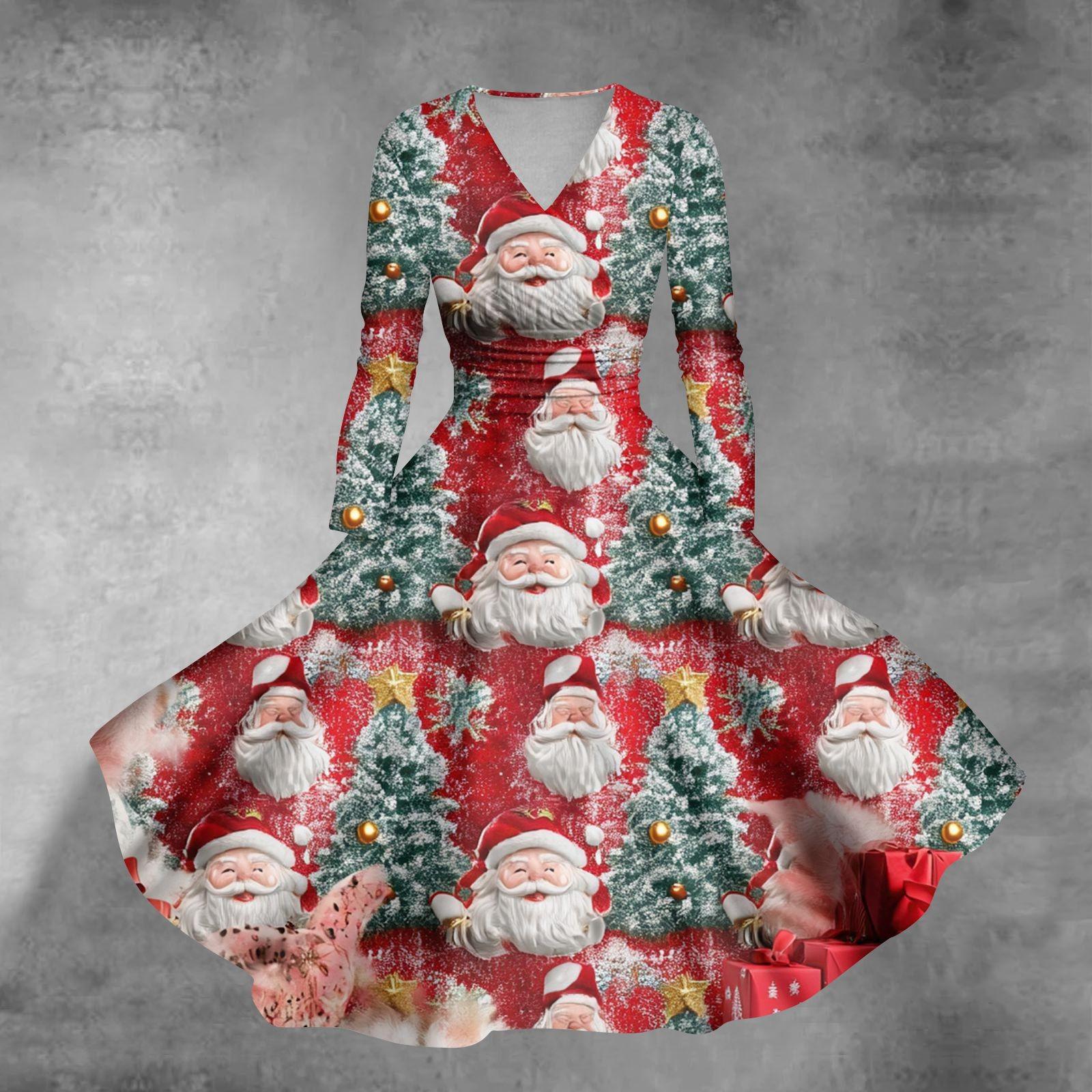 

Женские повседневные модные рождественские принты с длинным рукавом и V-образным вырезом, сексуальные платья с карманами XL арбуз красный