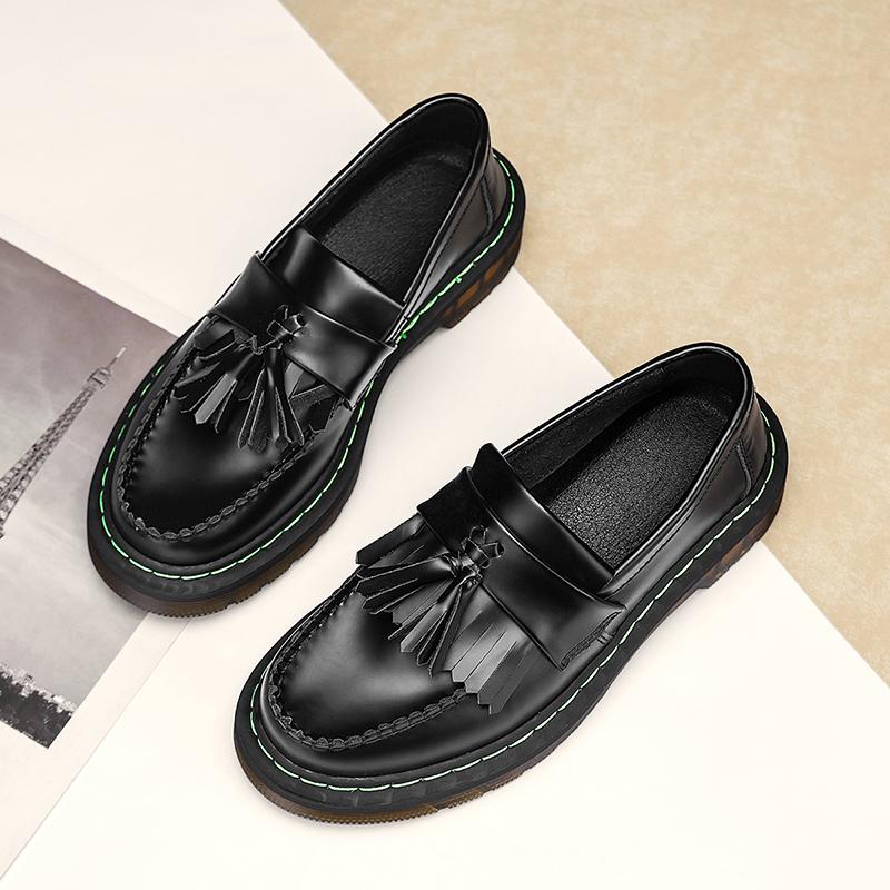 Fashion Breathable Slip On Loafers Thick Platform Casual Shoes Male Round Toe Cowhide Leather Driving Shoes Vintage Mens Summer Flats