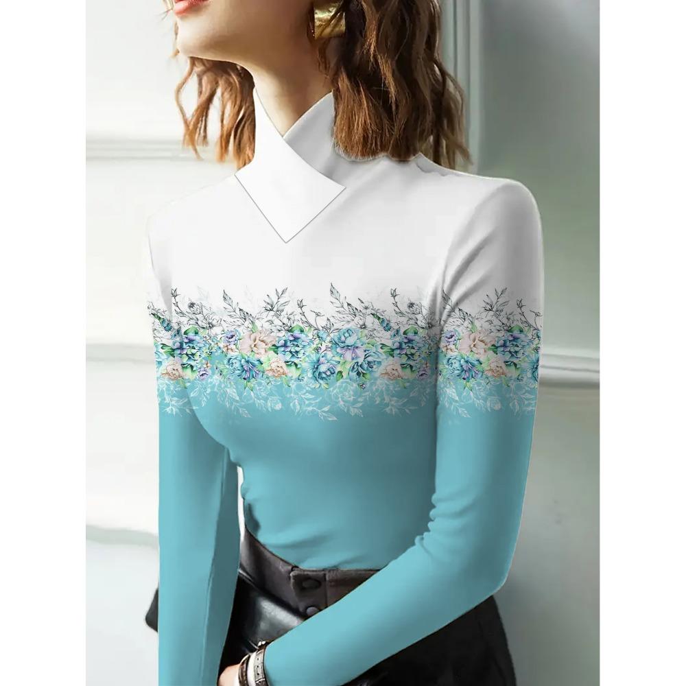 Women's Cheongsam Collar Long-sleeved T-shirt with Blue and White Gradual Change Base Color and Floral Positioning Pattern Print