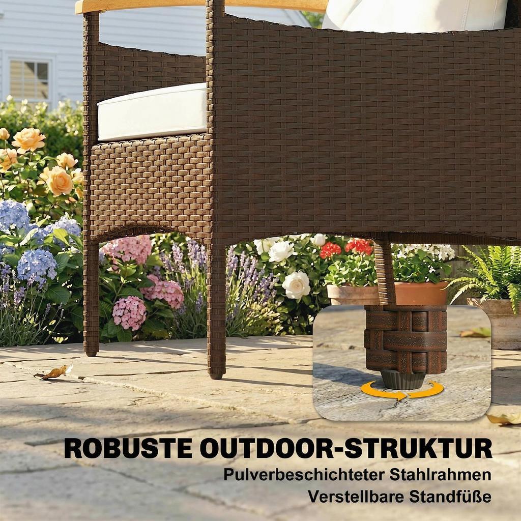 Rattan Bistro Set 3-Piece FSC Garden Furniture Set with 2 Chairs, 2-Tier Wooden Table, Thick Washable Cushions