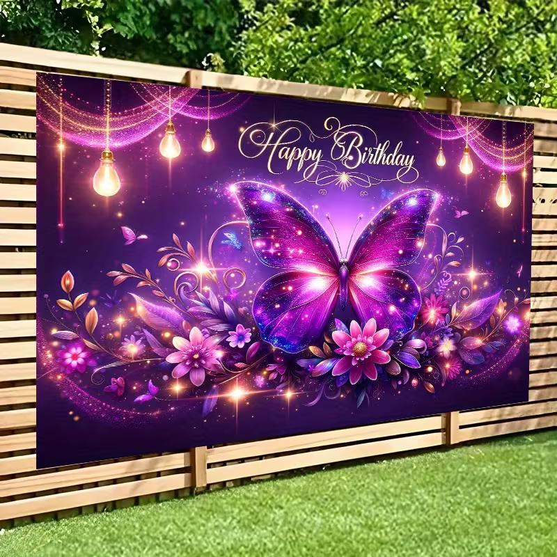 2D Glowing Butterfly Birthday Backdrop Purple Sparkle Floral Party Photo Booth Prop