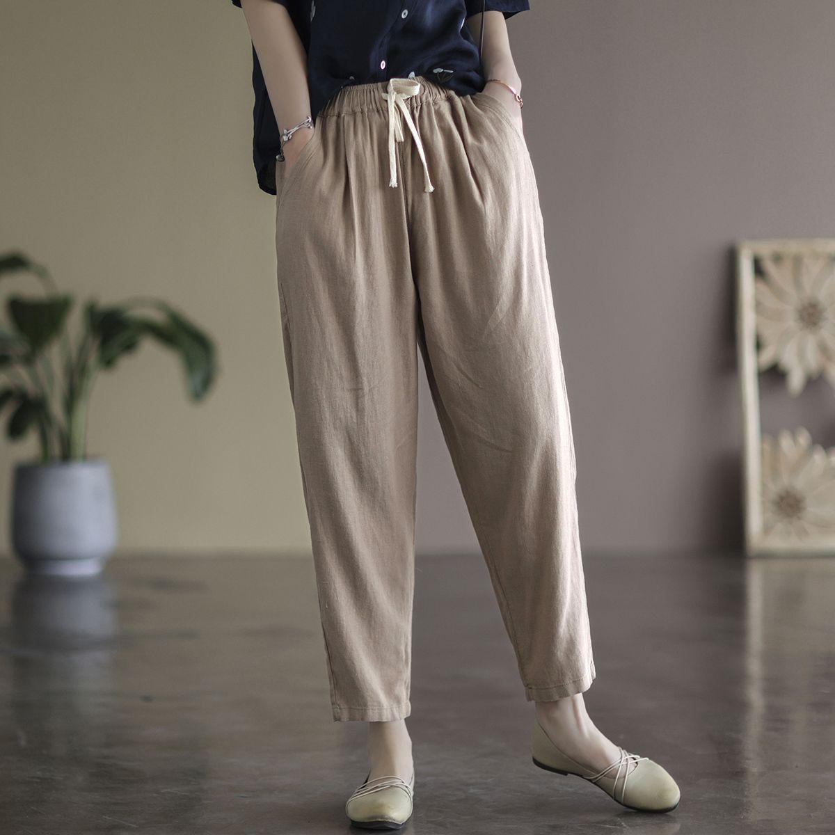 

Женские брюки с высокой талией из хлопка и льна - весна/лето 2024 г., корейский стиль, прямые, свободные, облегающие, повседневные. L 100-120 jin