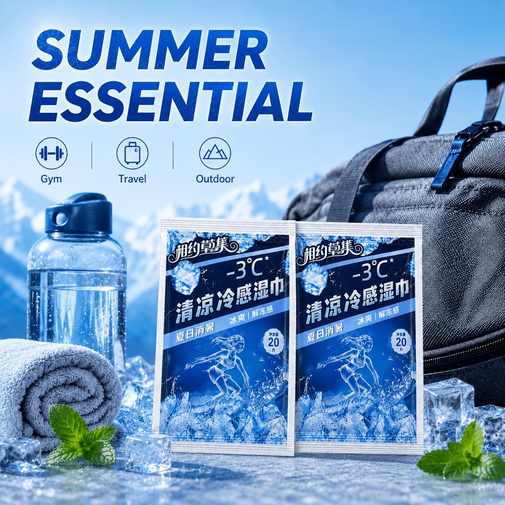 20Pcs Icy Cooling Body Wet Wipes Mint Refreshing Sweat Removal Cleansing Ice Wipes for Summer Heat Ice Cooler