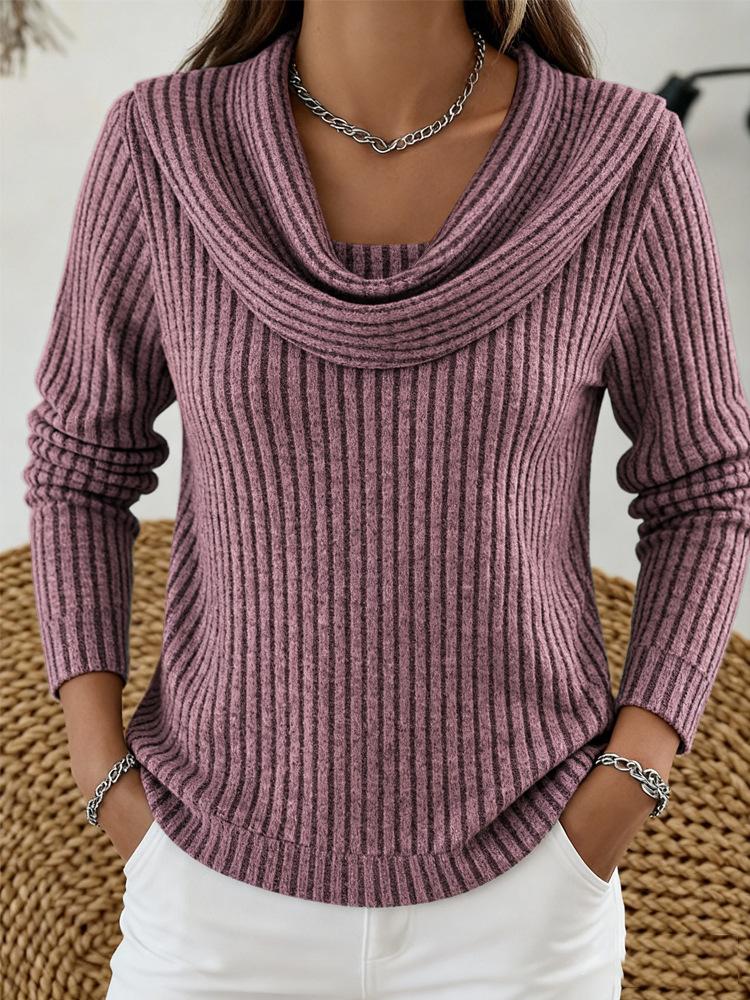 Women's Cowl Neck Long Sleeve Knit Top Regular Fit Vintage Ribbed Pullover Sweater