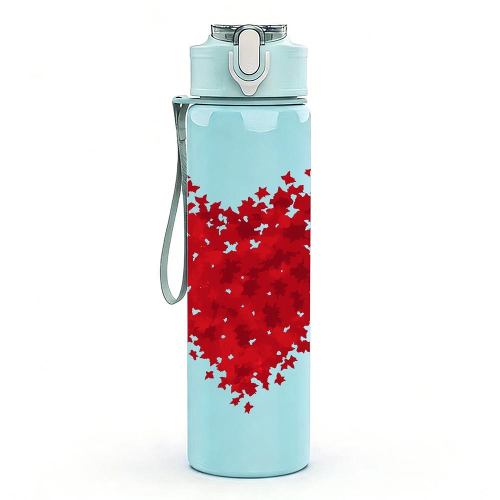 1PC Scattered Red Heart Texture Print 750ml Color Plastic Sports Water Bottle Leakproof Flip Straw Lid Suitable for Sports Office Home Use