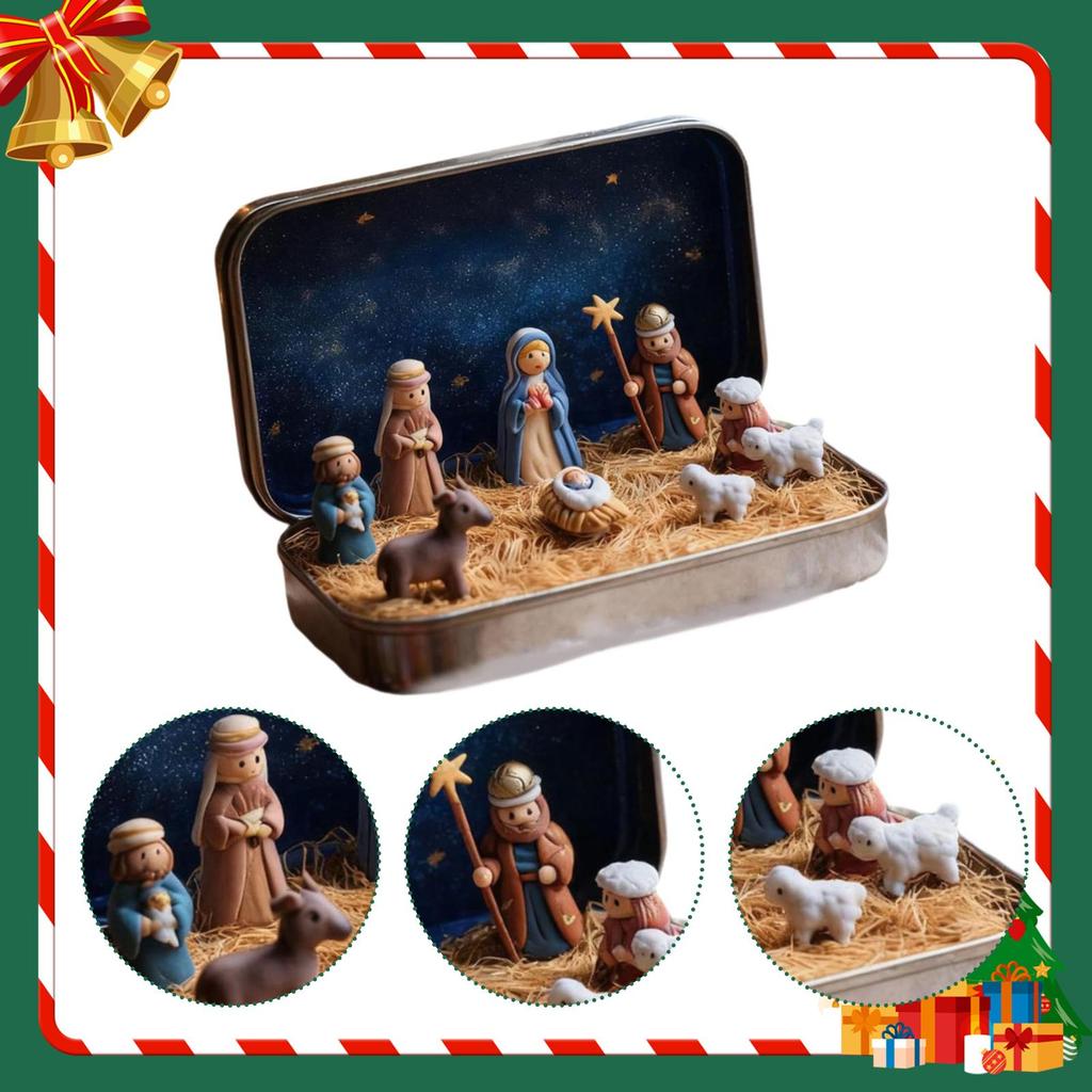 Mini julkrubba Heliga Familjen Figurer Gåva Bärbar Scen för Skrivbord Inomhus