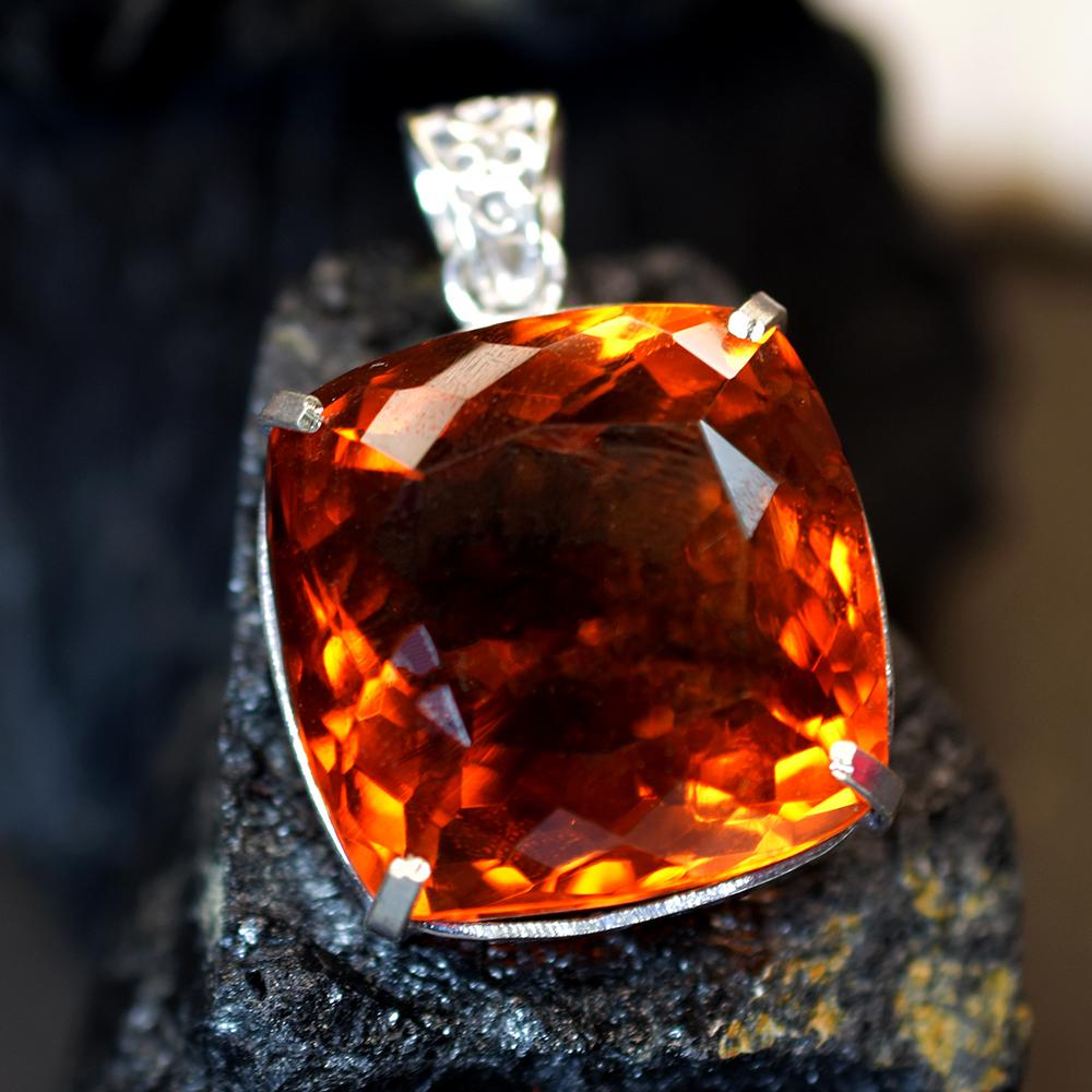 Natural Orange Topaz 925 Sterling Silver 100Ct Gems Pendant Square Cut CERTIFIED my-480-ns