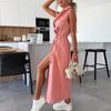 Women Denim Shirt Dress Summer Sleeveless Button Down Maxi Dress with Belt Lapel V Neck Long Jean Dress with Pockets