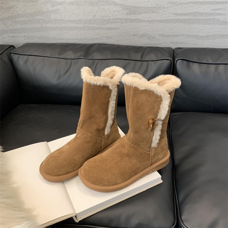 Brown Snow Boots Horn Buckle Short Boots Maillard Retro Hairy Boots Thick-soled Women's Boots Spring and Summer Warm Cotton Boots