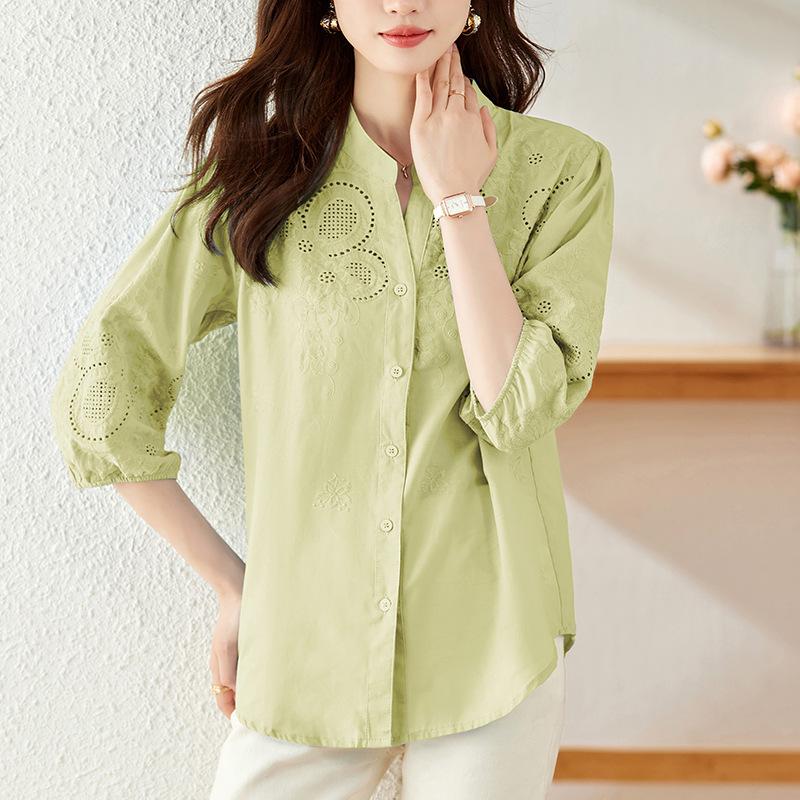 V-neck Embroidery Hollow White Shirt Women's Cotton Temperament Light Maturity Blouse Shirt