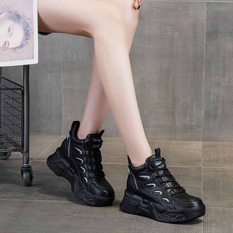 100% Genuine Leather Shoes Women Fashion Sneakers High top Brand Ladies Height Increasing Shoes 7cm Pure Black Blue