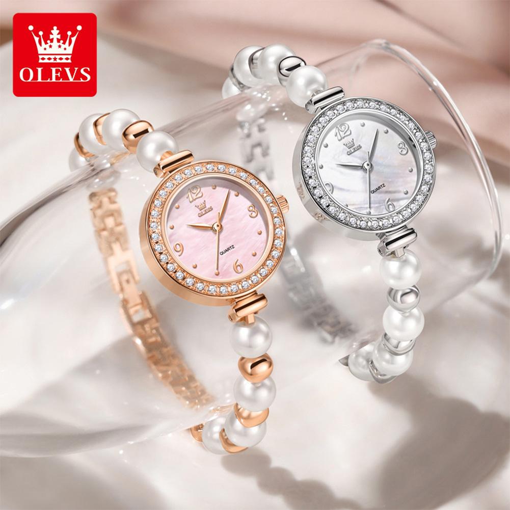 OLEVS Damen Uhr Mode Elegantes Perlenarmband Armbanduhr für Damen Luxus Diamantlünette Wasserdicht Damen Quarzuhren 5640