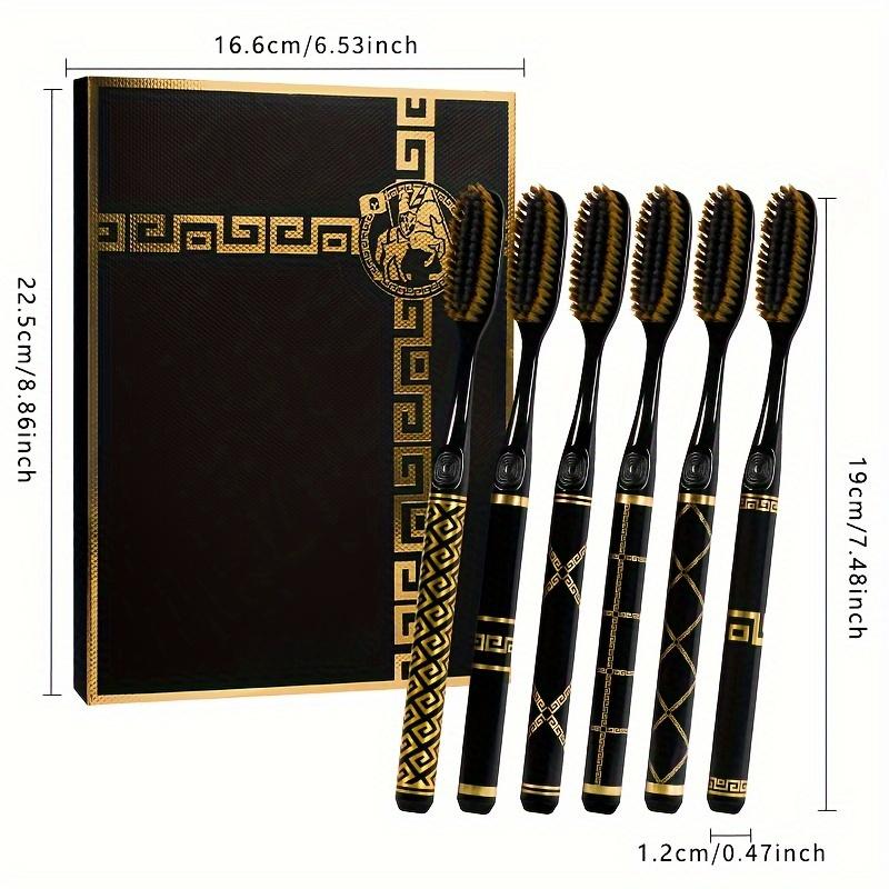 6 Pack Premium Black and Golden Patterned Handle Toothbrushes - Full Head Soft Nylon Bristles for Gentle Cleaning, Unscented Manual Toothbrush Set