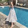 Dámské francouzské květinové modré letní šaty na špagetová ramínka: Elegantní styl Long Beach