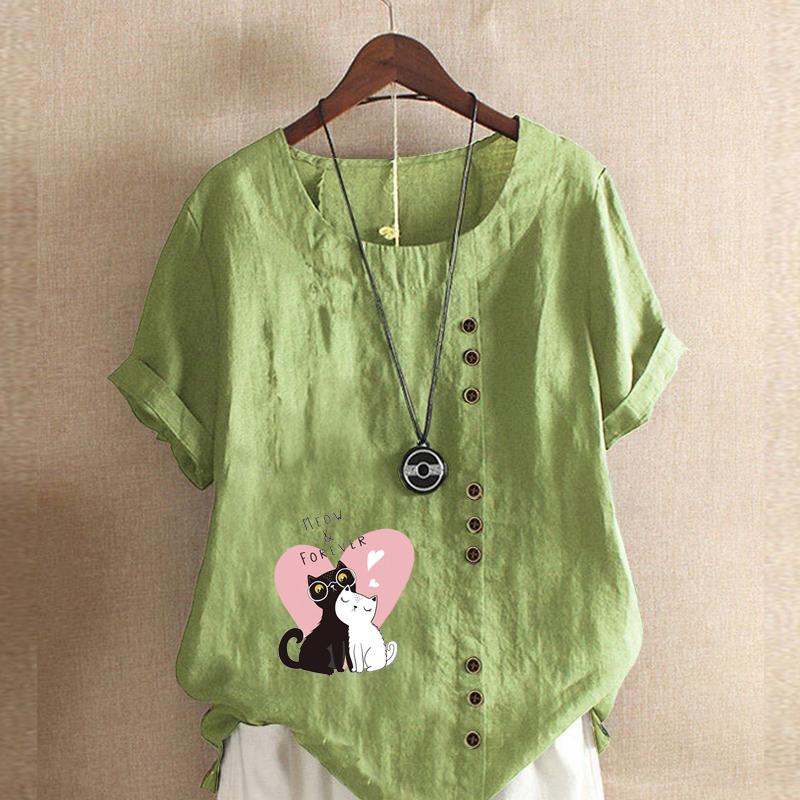Women's Fashion Couple Cat Prined Short Sleeve T-shirt Loose Cotton Shirt Casual Loose Summer Blouse Tops Plus Size
