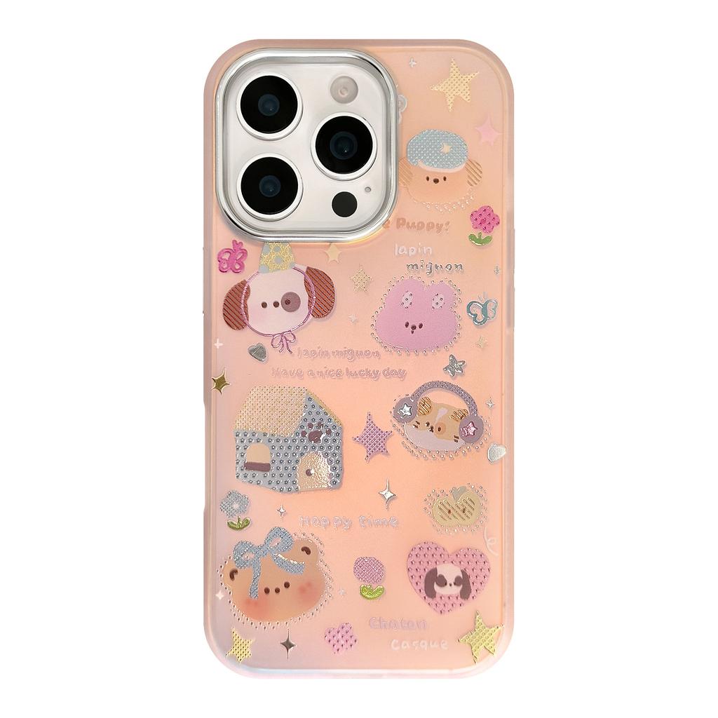 Vergoldete iPhone15 Handyhülle 16Promax Laser Pink Cartoon 16 Sturzsicher