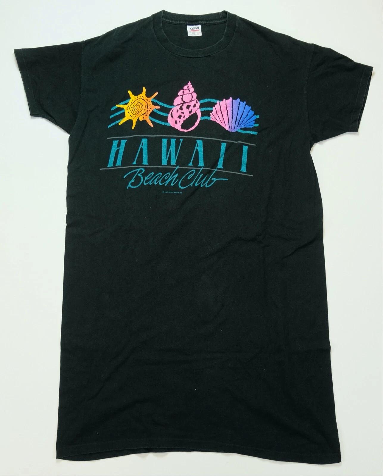 Rare VTG ANVIL Hawaii Beach Club Sea Shells 1987 Dress T Shirt 80s Black OSFA L