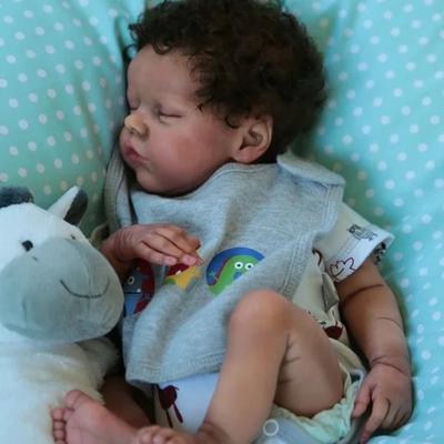 Lifelike 46 Cm Black Skin Reborn Baby Doll Soft Cloth Body Realistic Asleep Newborn Doll with Implanted Short Curly Hair Alive Baby Dolls for Kids Toy