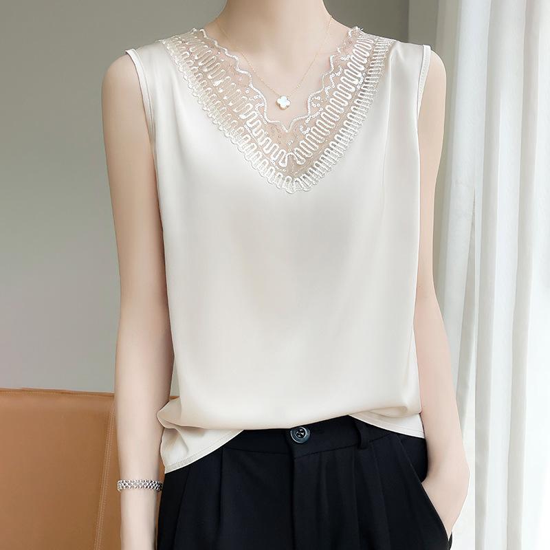Lace Flower V-neck Satin Vest Suspender for Women Slimming Acetate Solid Color Summer New Base Sleeveless Top