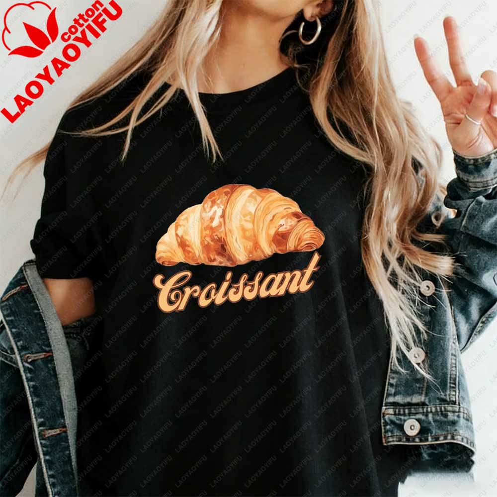 Womens Vintage Croissant TShirt Retro French Pastry Graphic Tee Casual Cotton Tshirt Summer Cute Food Lover Aesthetic Tops