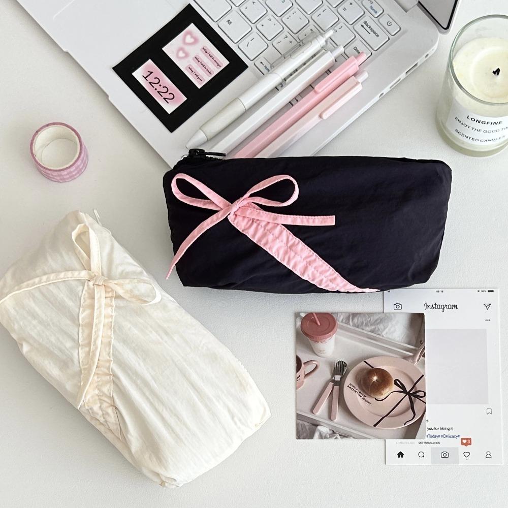 Fashion Large capacity Bowknot Pencil Case Cute Bow Zipper Lipstick Storage Bag Solid Color Students Stationery Pouch Students