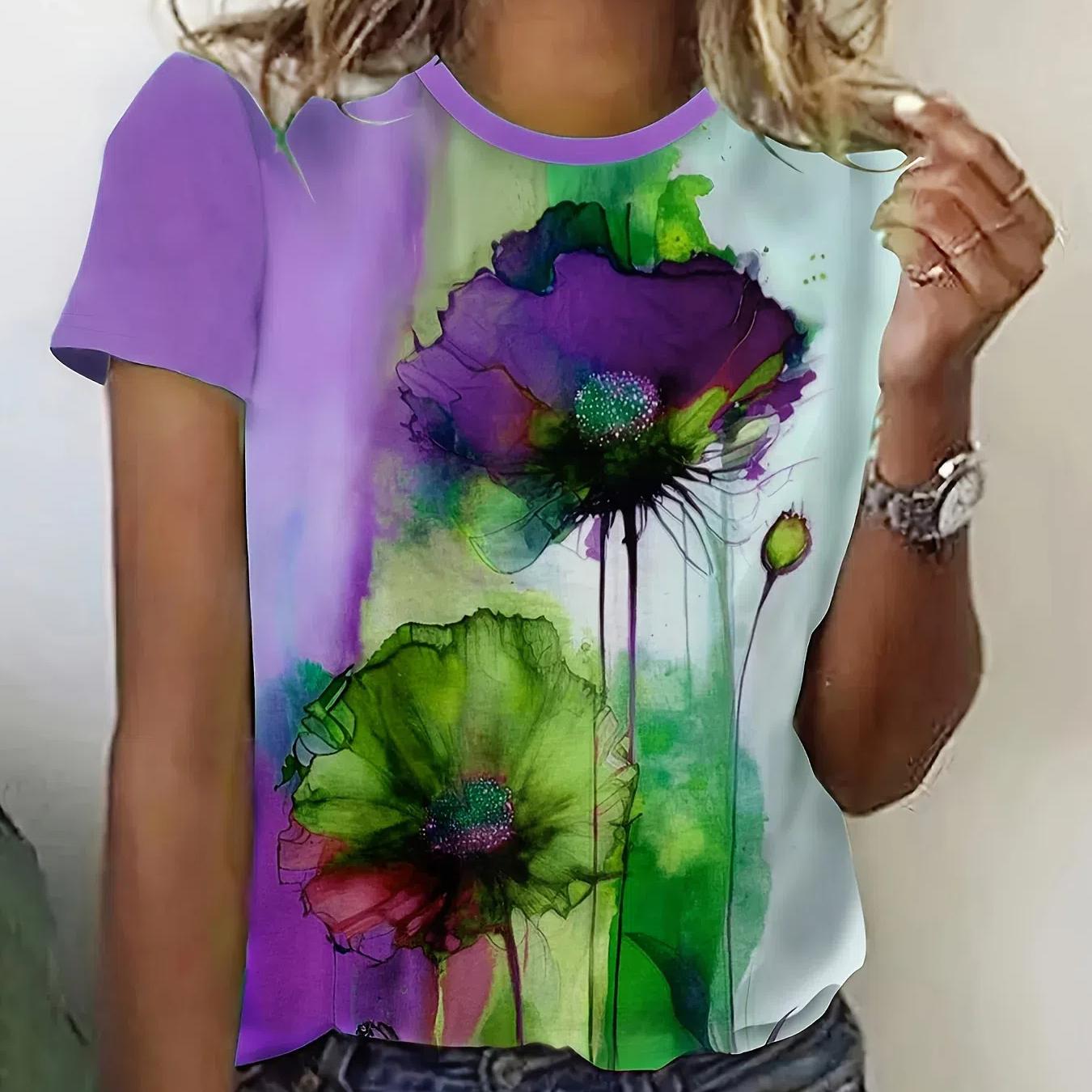 

Новинка 2024 года, женская футболка с цветочным принтом, топ больших размеров, женская трендовая одежда, модная рубашка с коротким рукавом, летняя блузка с круглым вырезом 8XL