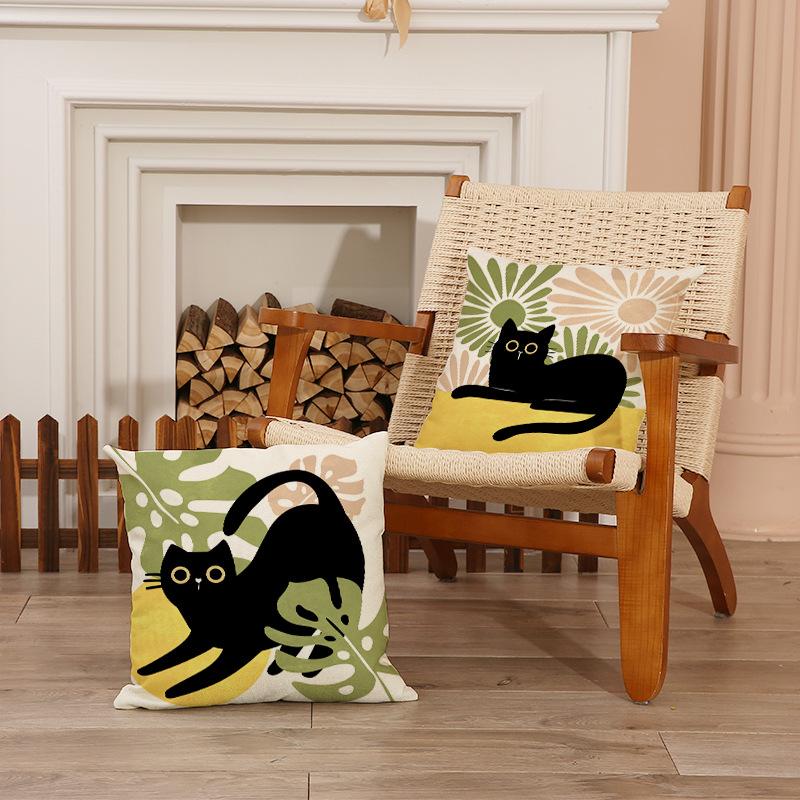 Cartoon Niedliche Katze Kissenbezug Leinen Schmutzabweisend Autokissen Indoor Heimdekor Sofakissenbezug