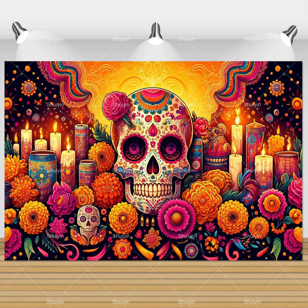 Sfondo Fotografico Giorno dei Morti Teschio Tagete Festa Messicana Día De Los Muertos Decorazione Fornitura per Feste Oggetti di Scena per Studio Fotografico