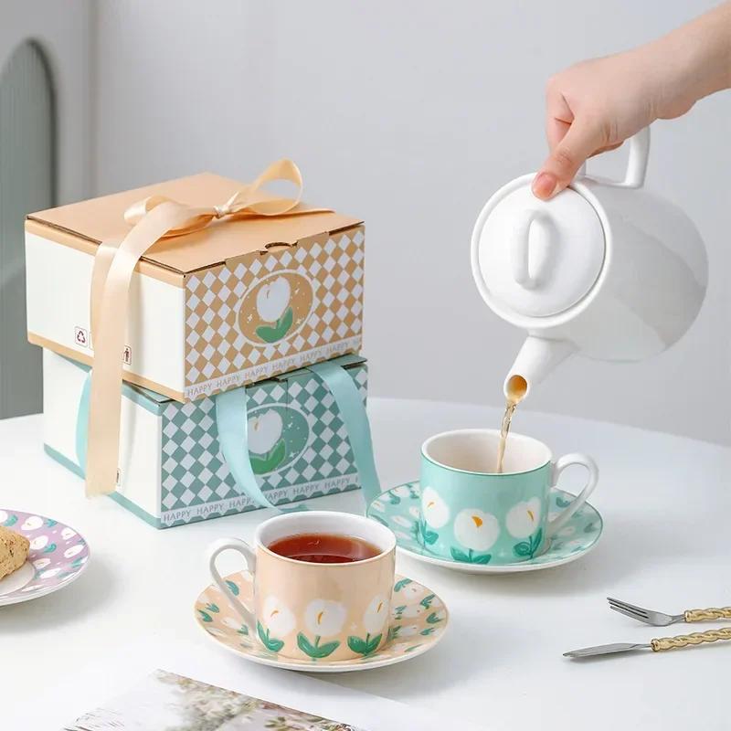Ceramic Cup and Saucer Tulip Pattern Afternoon Tea Coffee Cup Set Breakfast Dessert Plate Milk Juice Mug Home Decoration Gifts