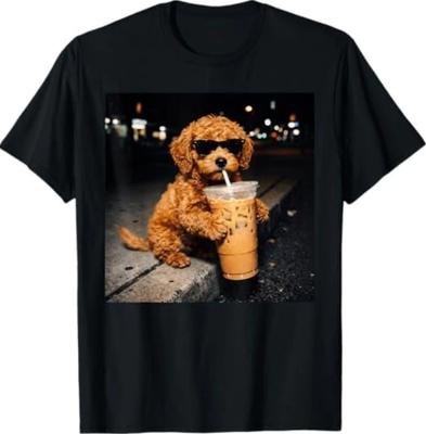 Funny Goldendoodle Drinking Iced Coffee Animal Meme Humor T-Shirt