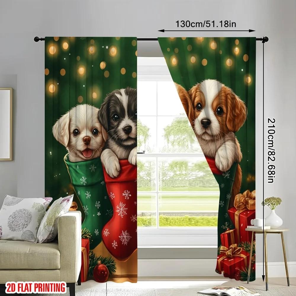 Set Of 2 Cute Puppy Floral Curtain Polyester Christmas Window Decor Home With Rod Pocket Blackout