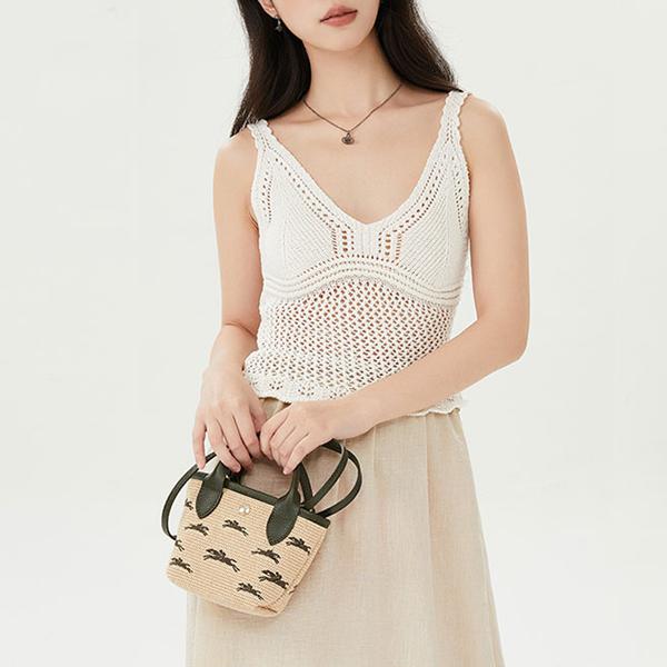 Longchamp Le Panier Pliage Logo Embroidered Detachable Shoulder Strap Straw Texture Canvas Mini Shoulder Crossbody Tote Bag Women Bags 10206HCF292