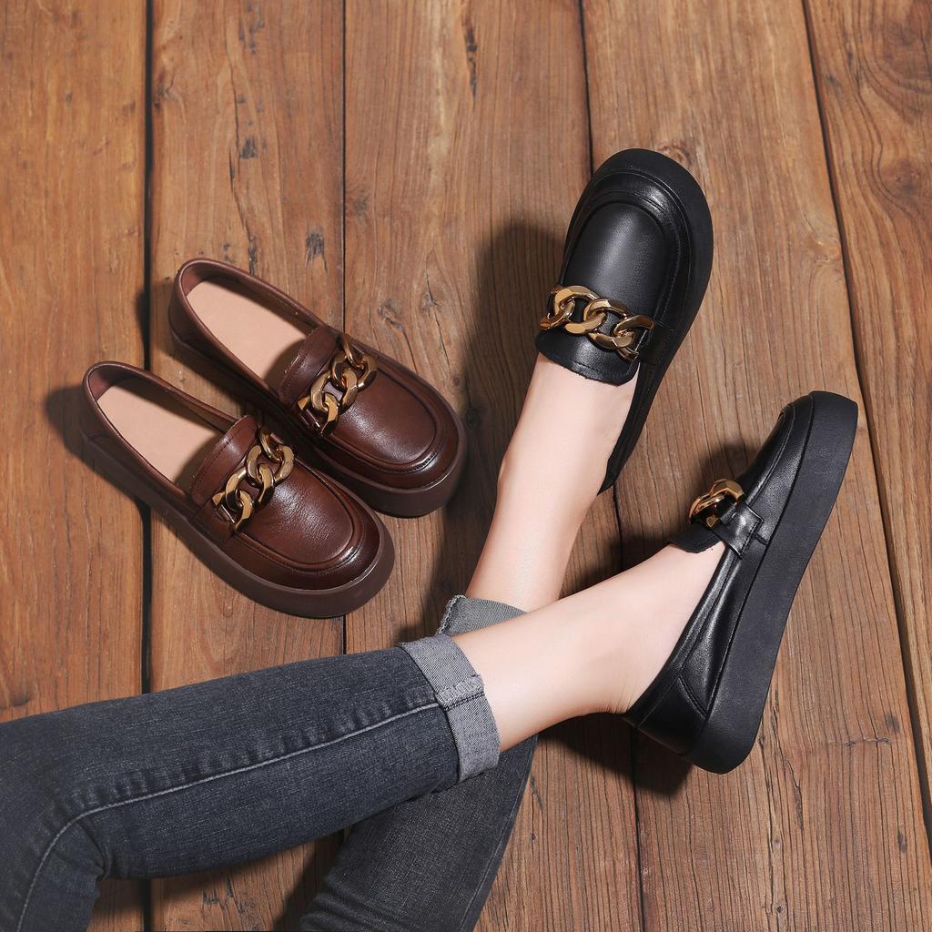 First layer cowhide loafers women's retro washed handmade leather women's shoes women's British style spring and autumn new single shoes