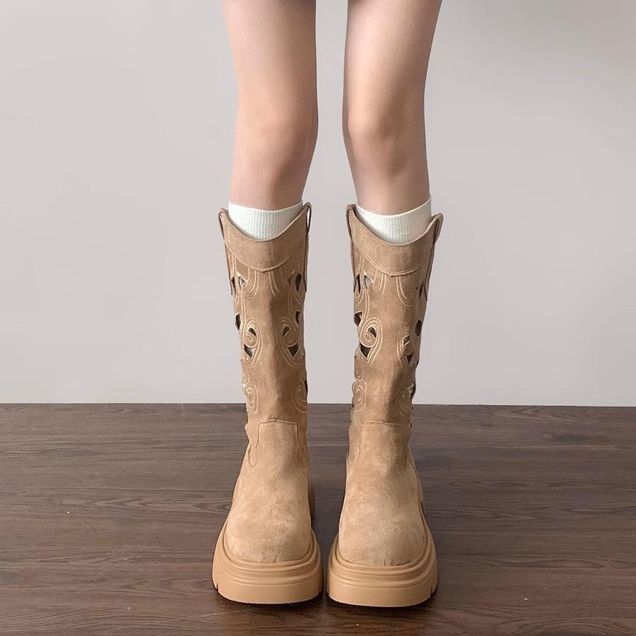 Retro britský styl ale ke kolenům vysoké boty na silné podrážce dámské 2025 nové jarní a podzimní zvyšující duté V-výstřih rytířské boty