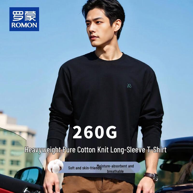 ROMON Men s Heavy Cotton Embroidered Long Sleeve Tee S