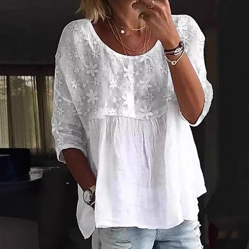 2025 Plus Size Lace Batwing Sleeve Patchwork White Top 2XL белый