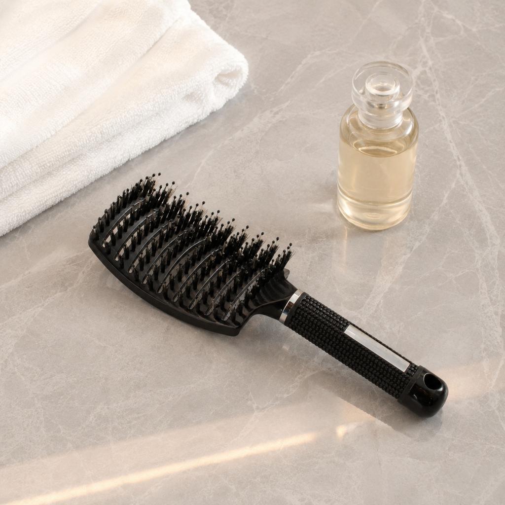 Boar Hair Brush, -Static Curved Cushion Massage Brush, 9- Detangling Comb for and