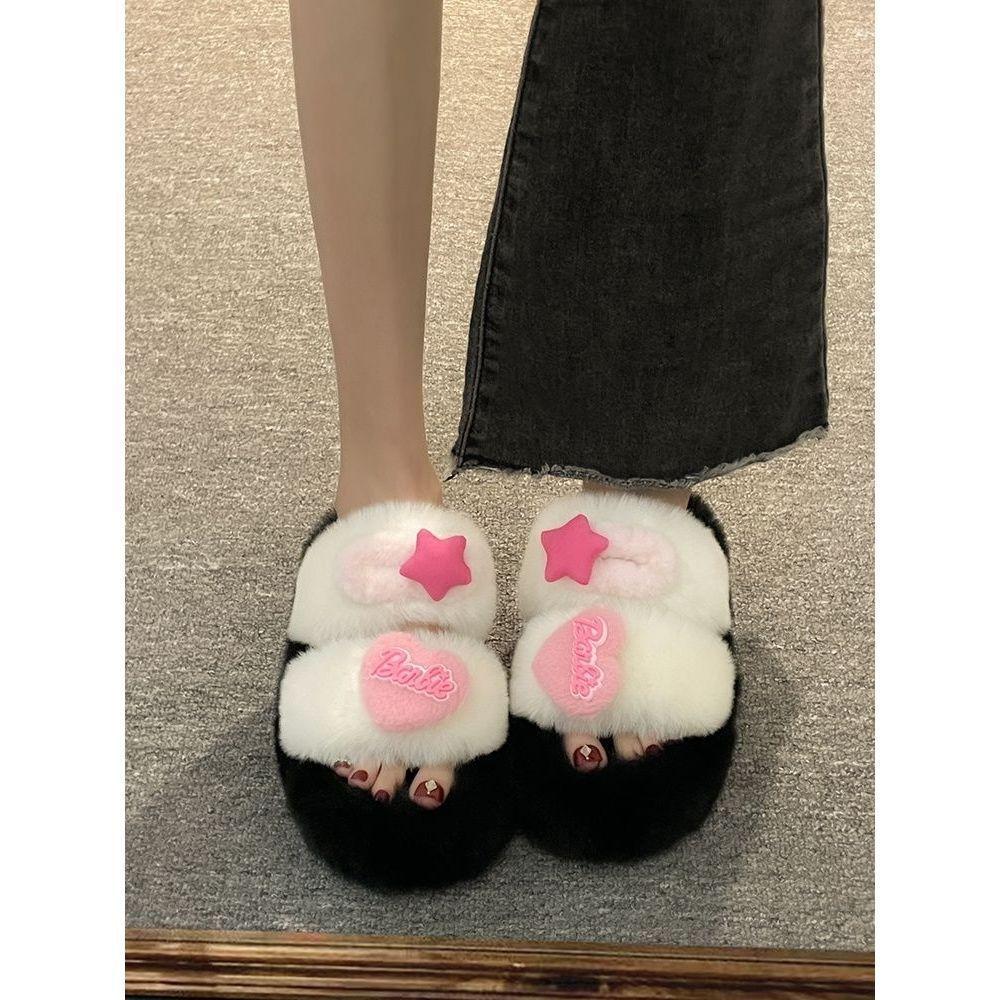 High-value thick-bottomed fried street rabbit hair cute plush cotton towed fluffy slippers women wear Xiaoxiang