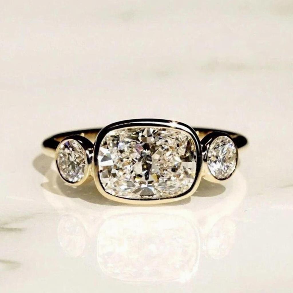 Women’s Cushion Cut Three Stone Ring – Gold Plated Band with Cushion Center and Round Side Stones, Elegant Engagement Style Jewelry Gift for Her