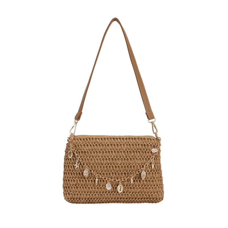 Zomer Geweven Stro Schoudertas voor Dames Casual Strandvakantie Handtas met Schelp Ketting Decoratie Onderarmtas brown