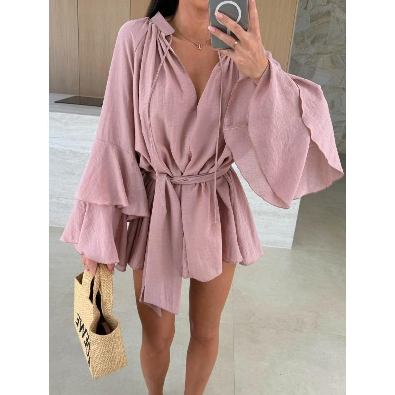 

IHUASU Women s Fashion Summer Spring Solid Color Print Long Sleeve V-Neck Casual Dresses XXL рожевий