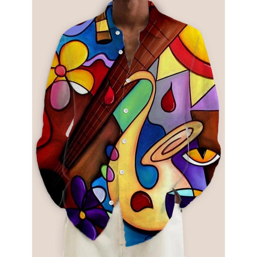 2024 New Men's 3D Art Painting Fashion Print Single Breasted Long Sleeve Shirt Casual Shirt Men's Loose Lapel Long Sleeve